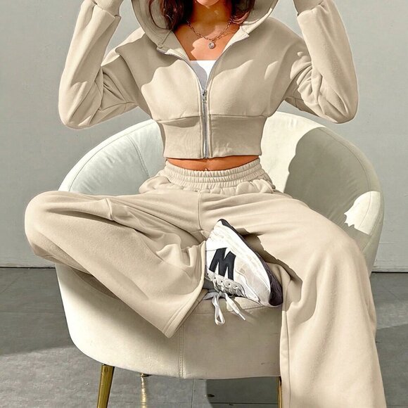 Tops - Khaki Casual Women's Zipper Front Hoodie And Pants Two Piece Set